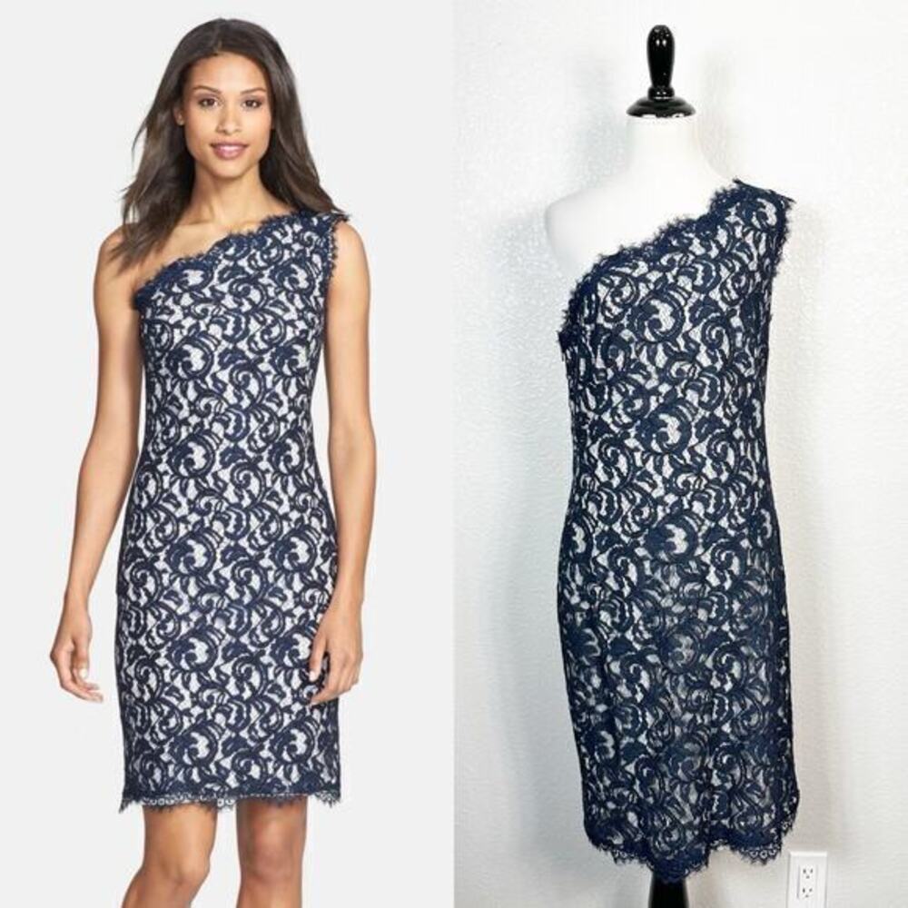 Tadashi Shoji Size 10 Special Occasion One Shoulder Lace Cocktail Dress Blue‎